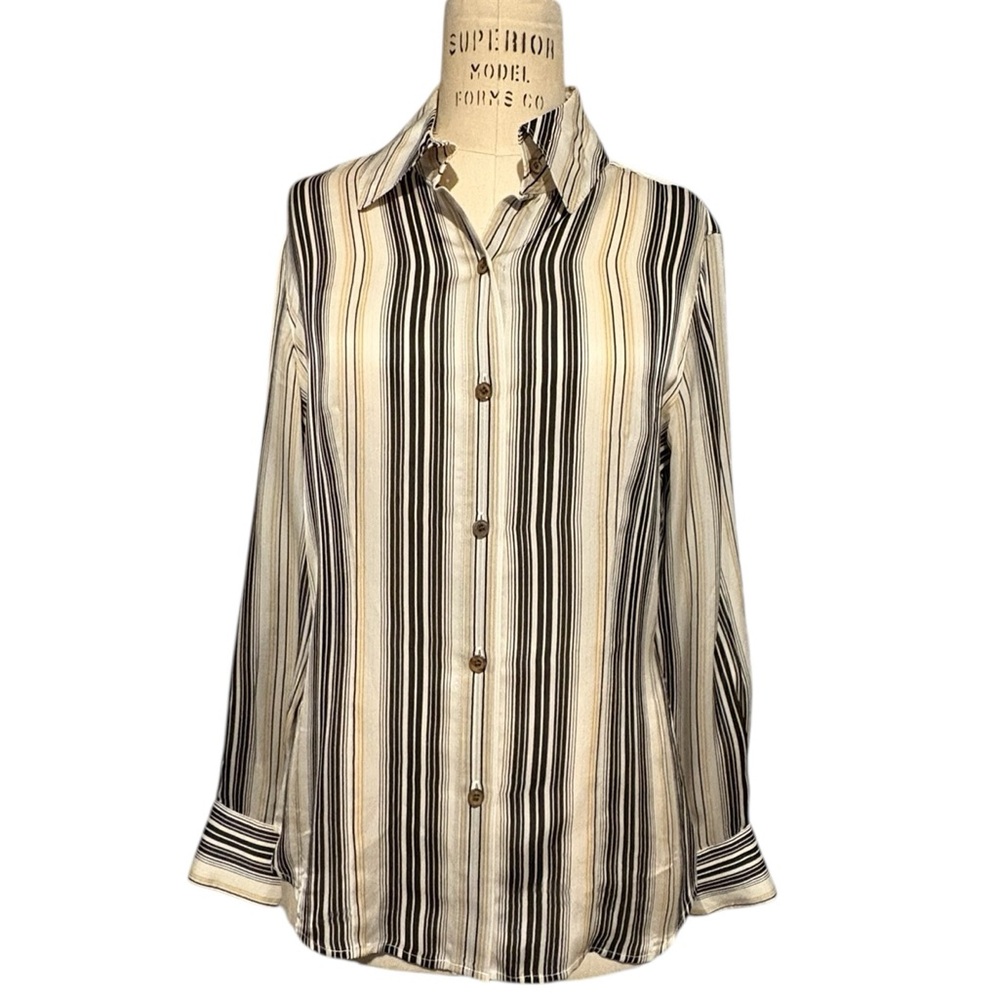 Anne Klein 100% Silk Long Sleeve Striped Button-Up Shirt‎ Size 6
